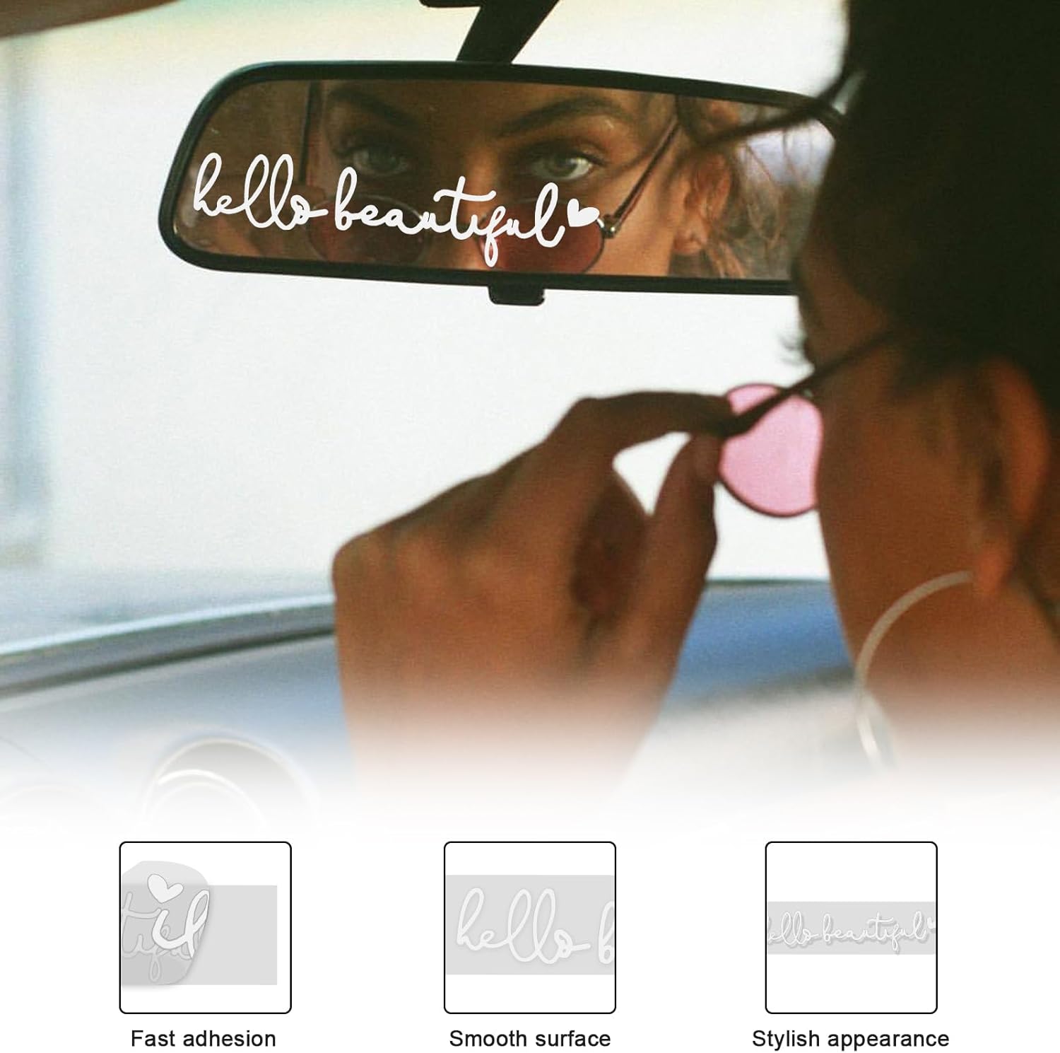 3PCS Hello Beautiful Car Mirror Decal Decor,Rearview Mirror Sticker for Women,Car Mirror Vinyl Stickers,Water Bottle Stickers,Self Love Sticker,Rearview Mirror Accessories (White*3, Hello Beautiful) - Image 3