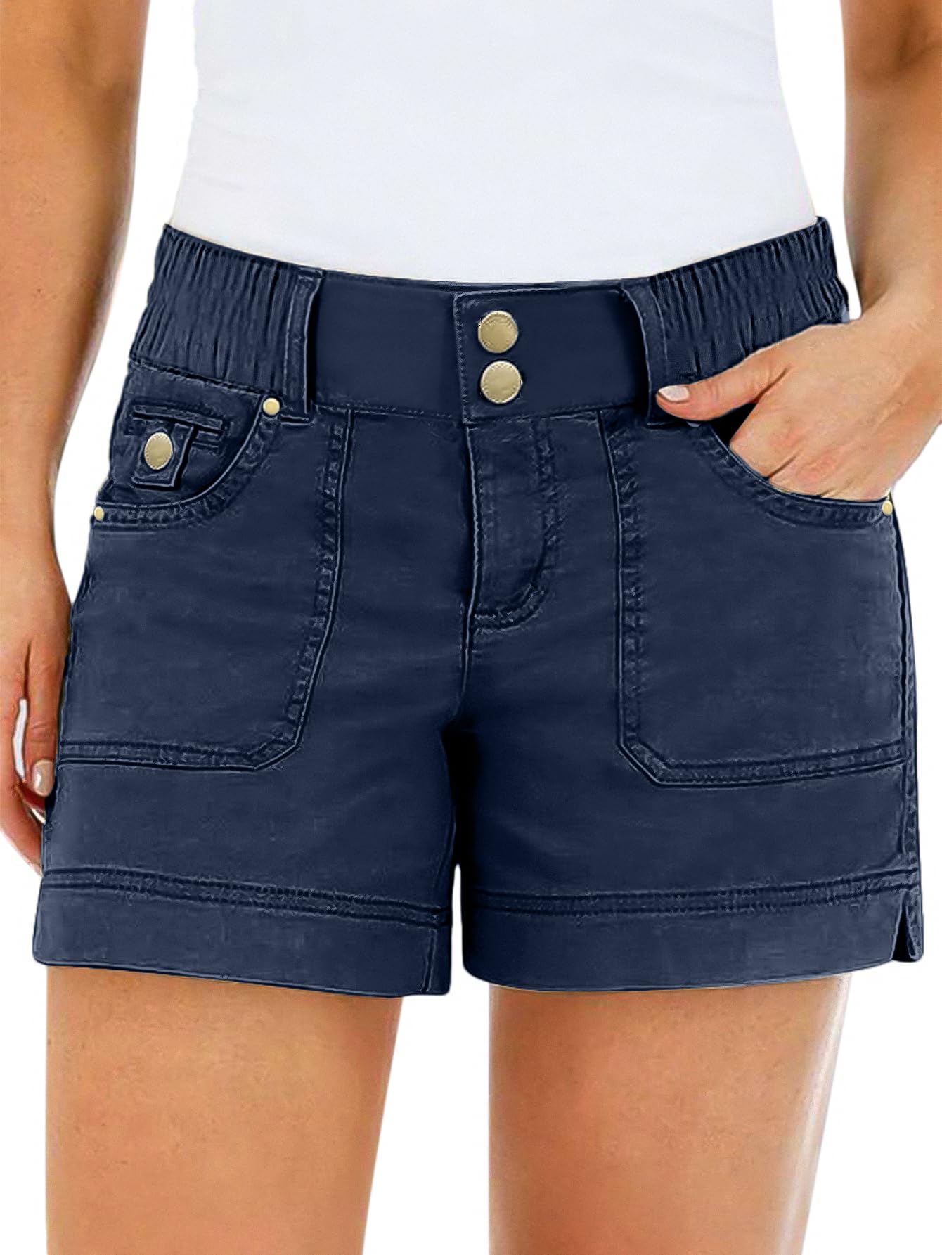 Flamingals Women's Mid Waist Solid Split Side Flap Pocket Casual Shorts