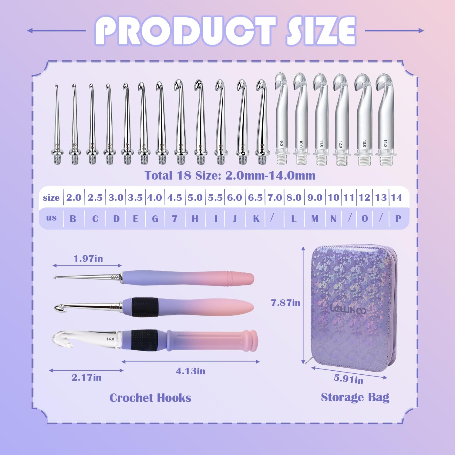 Lewhoo Ergonomic Crochet Hooks - 18 Sizes -6 Lewhoo Ergonomic Crochet Hooks - 18 Sizes -6