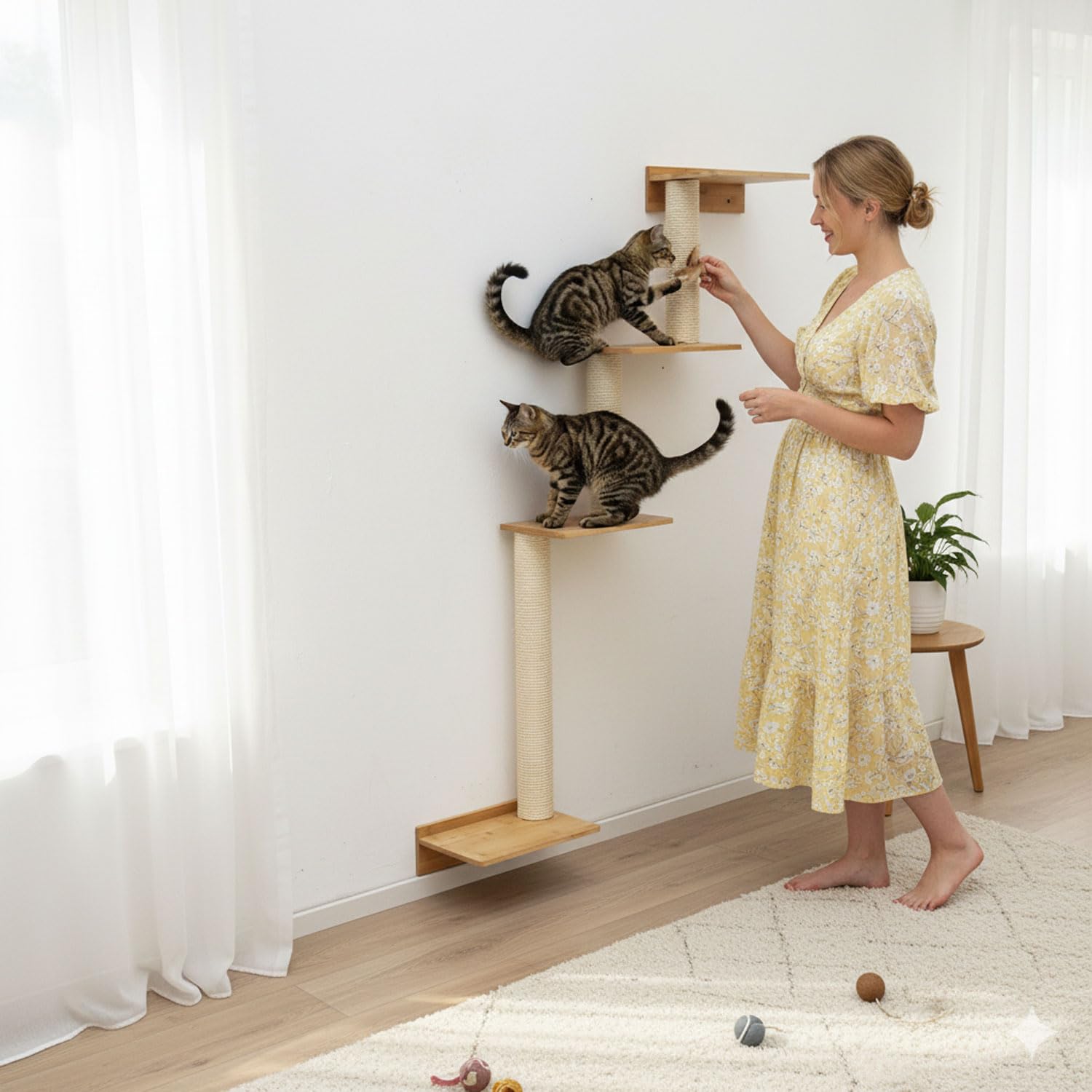 eyepower 143 cm Tiragraffi da Parete Milo con 4 Piattaforme in Bambù - Albero per Gatti Salvaspazio con Ripiano - Colonna in Sisal Naturale - Gioco da Arrampicata - Percorso da Muro Set Mensola Gatto