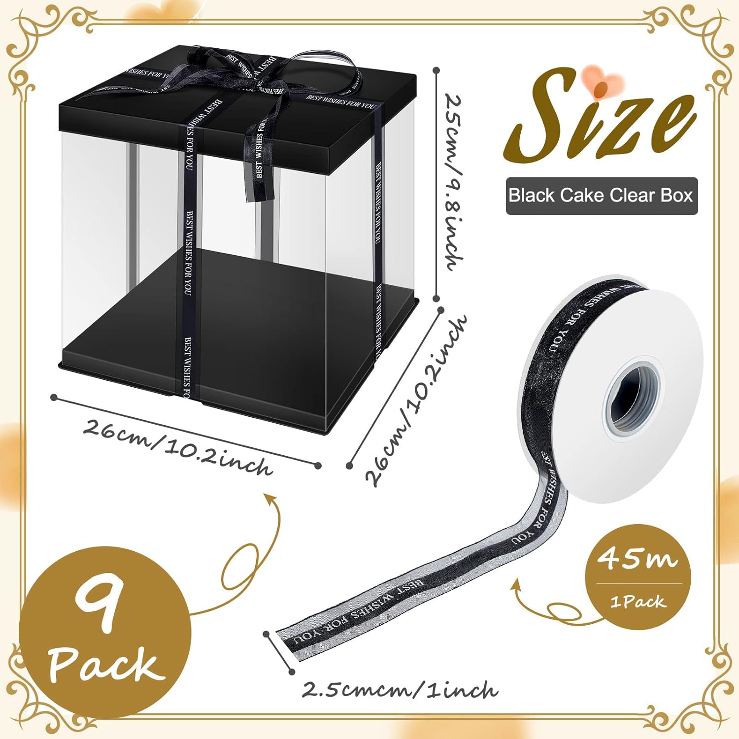 9 Pcs Large Cake Pet Clear Box with Ribbon and Pre Folded Lid, 10 x 10 x 9 Inch Tall Cake Box for 8 Inch Cake of Bakery Pastries Baking Cookie Display, Gift Packing, Birthday Wedding Party (Black)