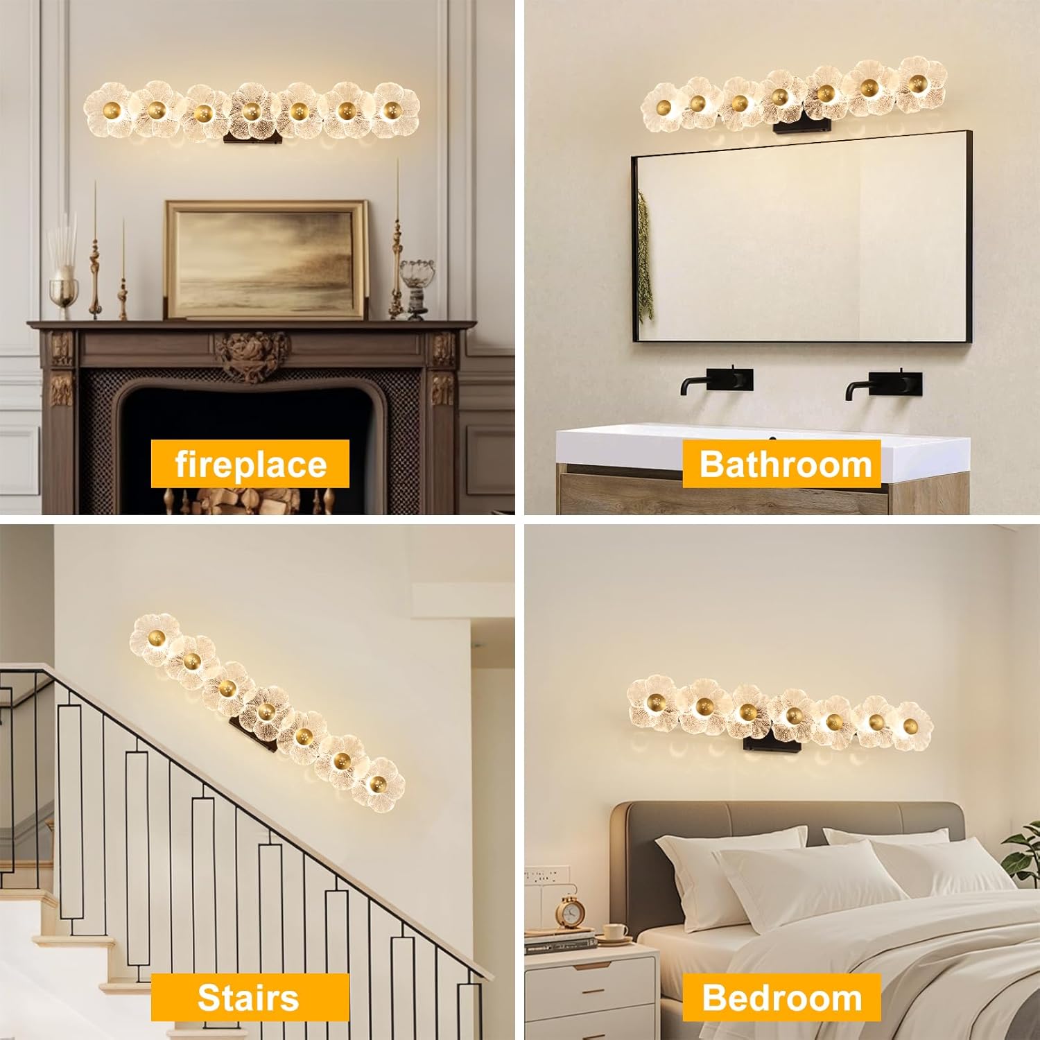 MantoLite Bathroom Light Fixtures Modern Vanity Light Over Mirror Adjustable 3000K-6000K Picture Lights Art Light with Floral Clear Glass Shades for Living Room Bedroom Wall Sconces (7 Light Black)