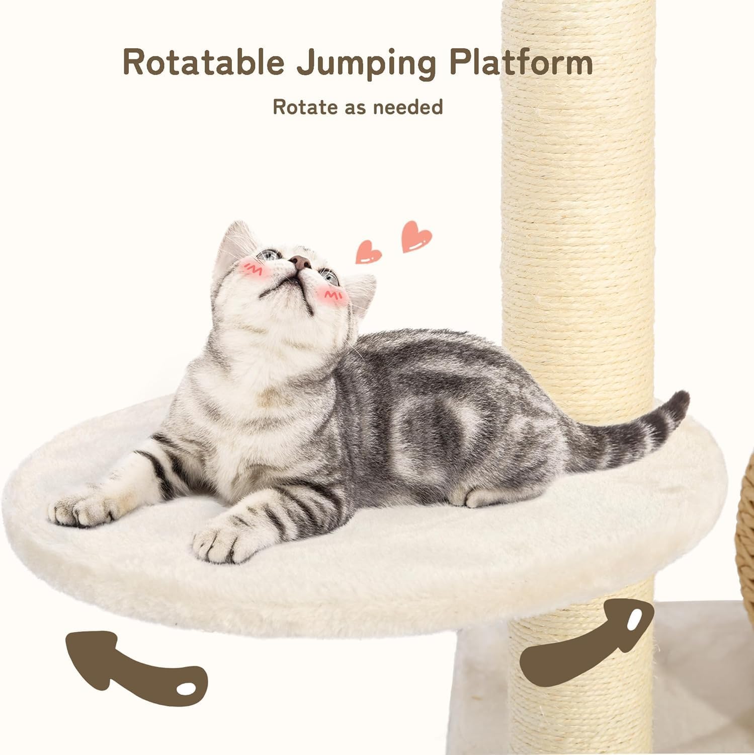 KAMABOKO 39 Inch Modern Cat Tree for Indoor Cats, Solid Wood Cat Tower with Natural Sisal Scratching Posts, Hand-Woven Cat Condo & Top Perch