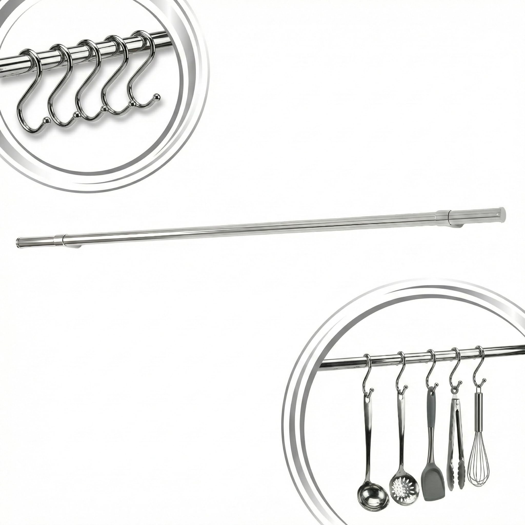 Barra Portautensili Cucina in Metallo 1.6x100 cm, 5 Ganci a S inclusi, Portautensili da Cucina Appendi Mestoli e Utensili Sottopensile