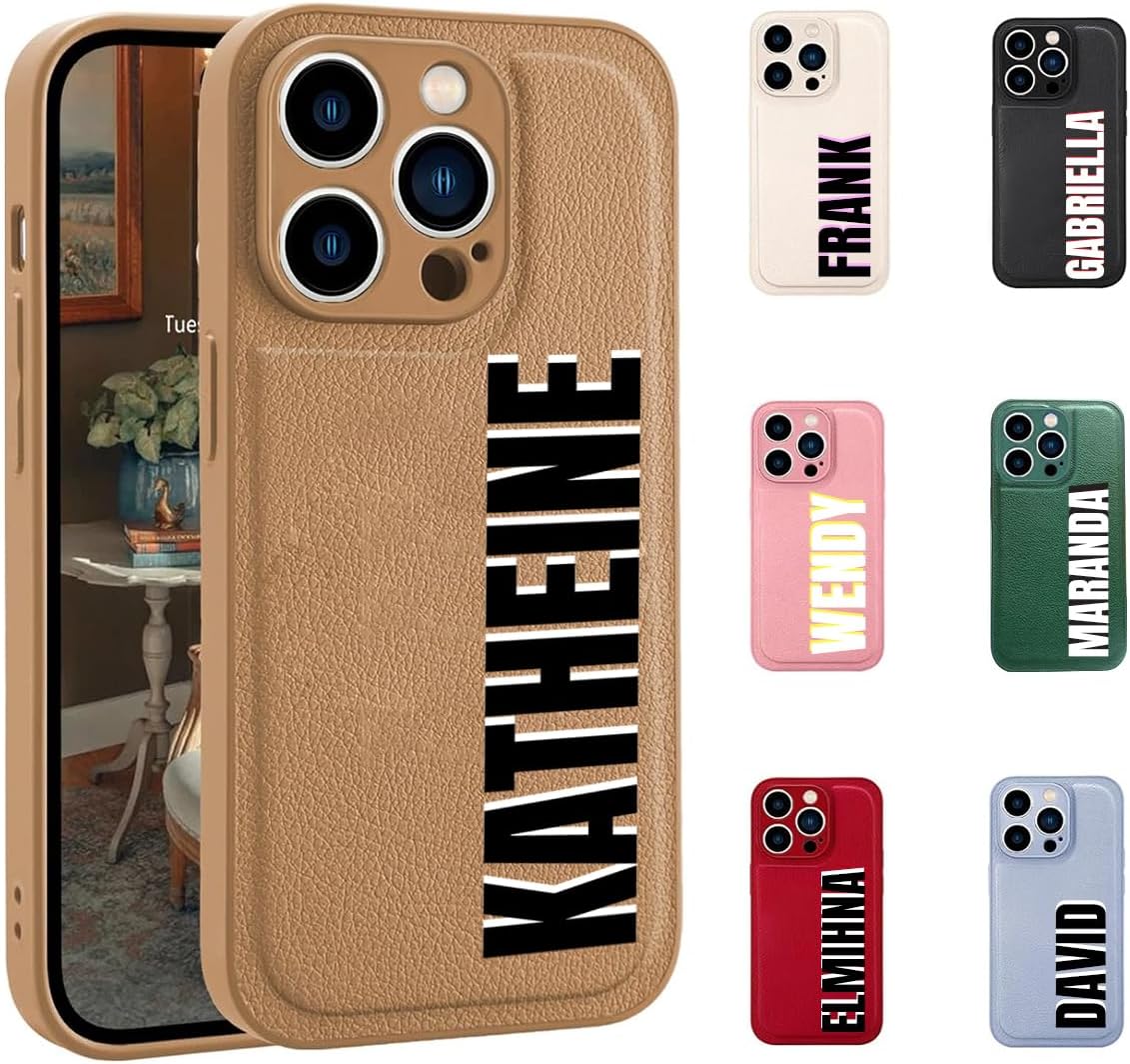 Custom Name Leather Case Personalized for iPhone 16 15 14 Pro Max 13 12 Mini 11 XR XS X 8 7 Plus SE Phone - Text Name Signature Printing Design, ID Letters IP Covers for Gifting