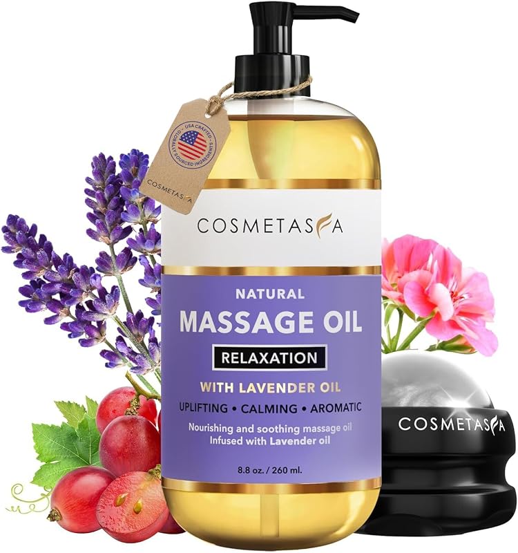 Cosmetasa Lavender Massage Oil for Massage Therapy with Roller - All Natural, Cruelty-Free & Spa Quality Skin Therapy Oil & Soothing Care - Lavender, Geranium & Grapeseed Oil (8.8 oz)