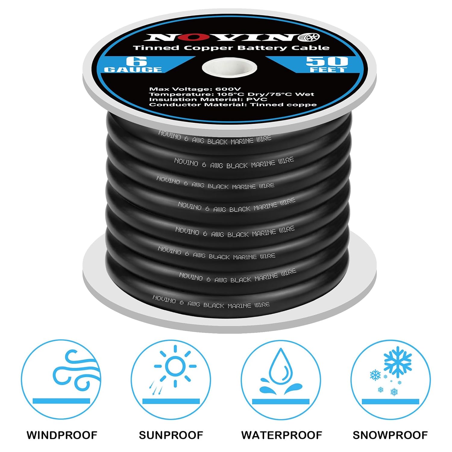 6 Gauge Marine Grade Battery Cables,600V 6 AWG 50ft Tinned Copper Battery Cable for Marine Boat Wiring RV Camper Trailer Car Truck Motorcycle Kubota Tractor