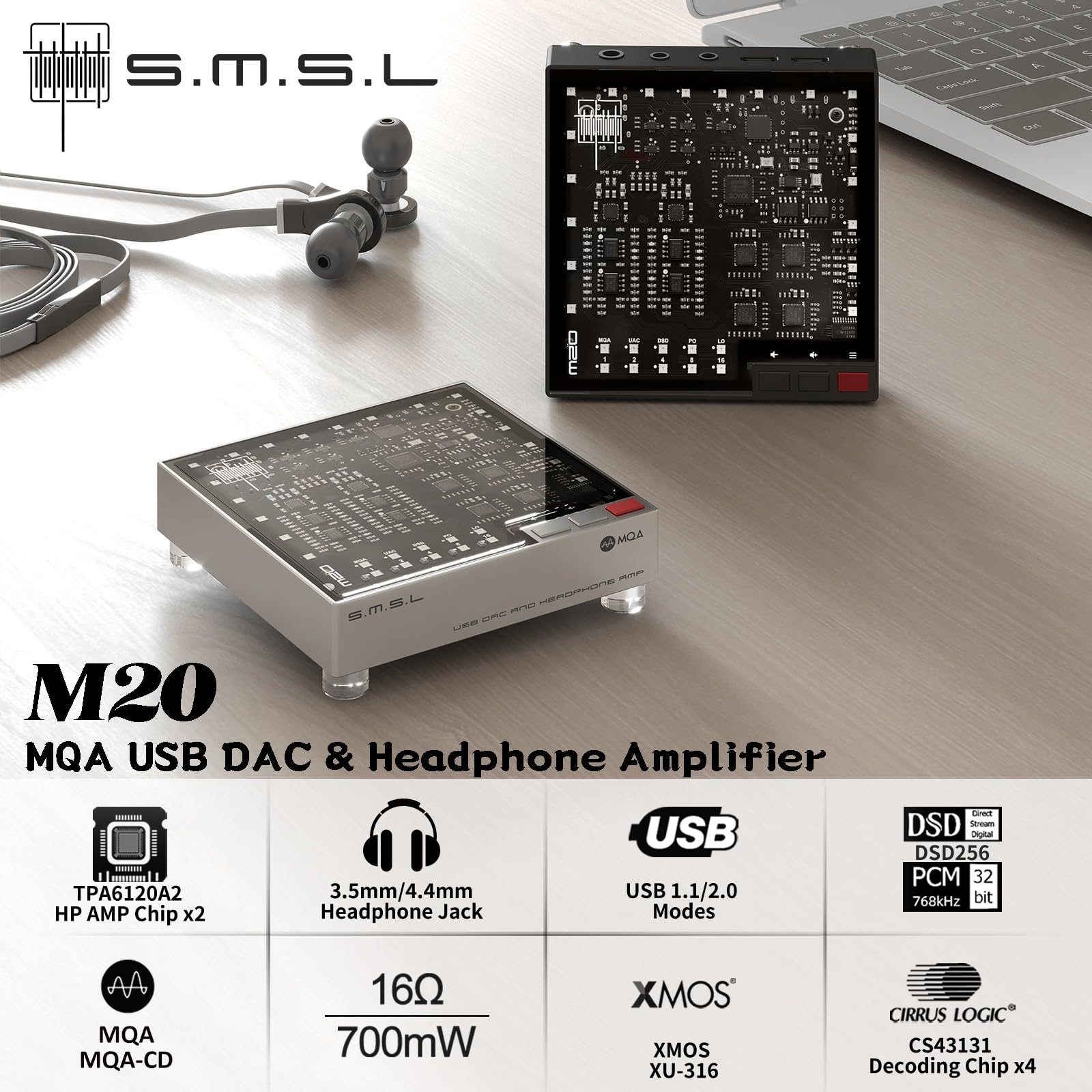SMSL M20 MQA MQA-CD DAC & Amplificatore per cuffie USB2.1 USB2.2 XU316 768kHz/32Bit DSD256 Gaming DAC PCM Filtro USB DAC 3,5 mm e 4,4 mm Jack per cuffie Mini decoder audio argento