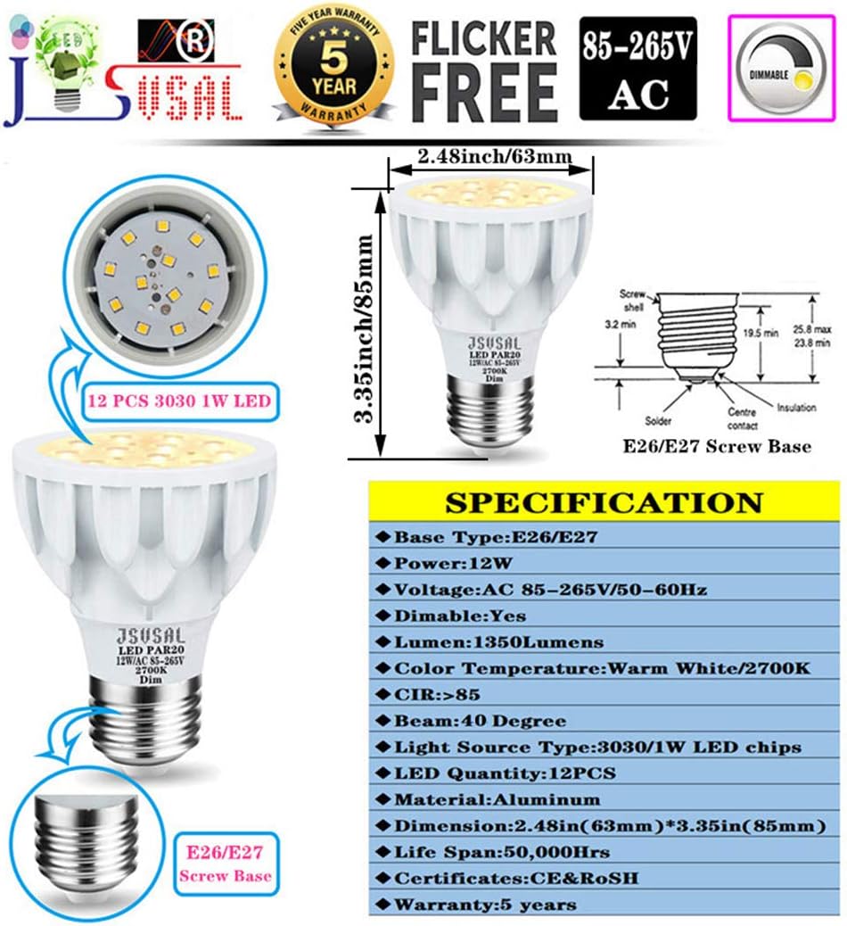 PAR20 LED Bulb 100W Replacement,12W Dimmable 2700K Warm White,Aluminum Casing,Spotlight 40 Degree Beam Angle,E26 Base for Recessed Lighting,Track Light, Kitchen Ceiling Lights,Pack of 2