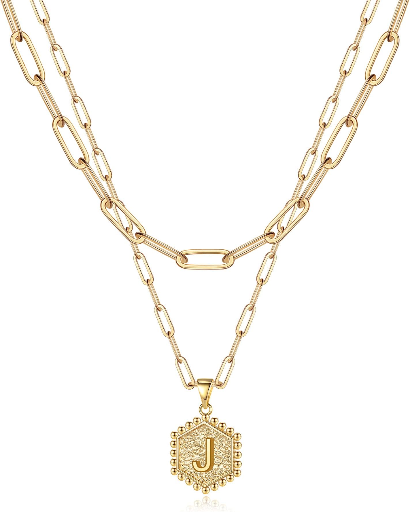 Layered Initial Necklace 14K Solid Over Letter Paperclip Link Chain Necklaces Gold Jewelry s for Mom Women Teen Girls,