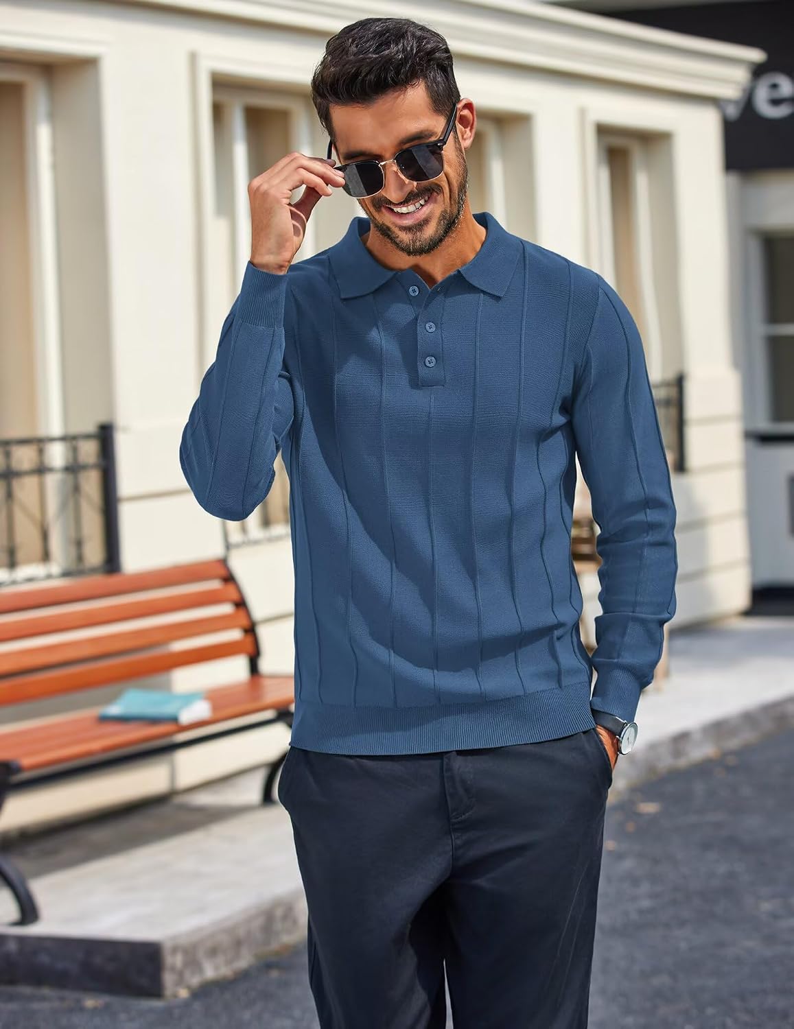 COOFANDY Mens Knit Long Sleeve Polo Sweater Business Casual Collared Golf Sweaters Ribbed Textured Activewear Polos