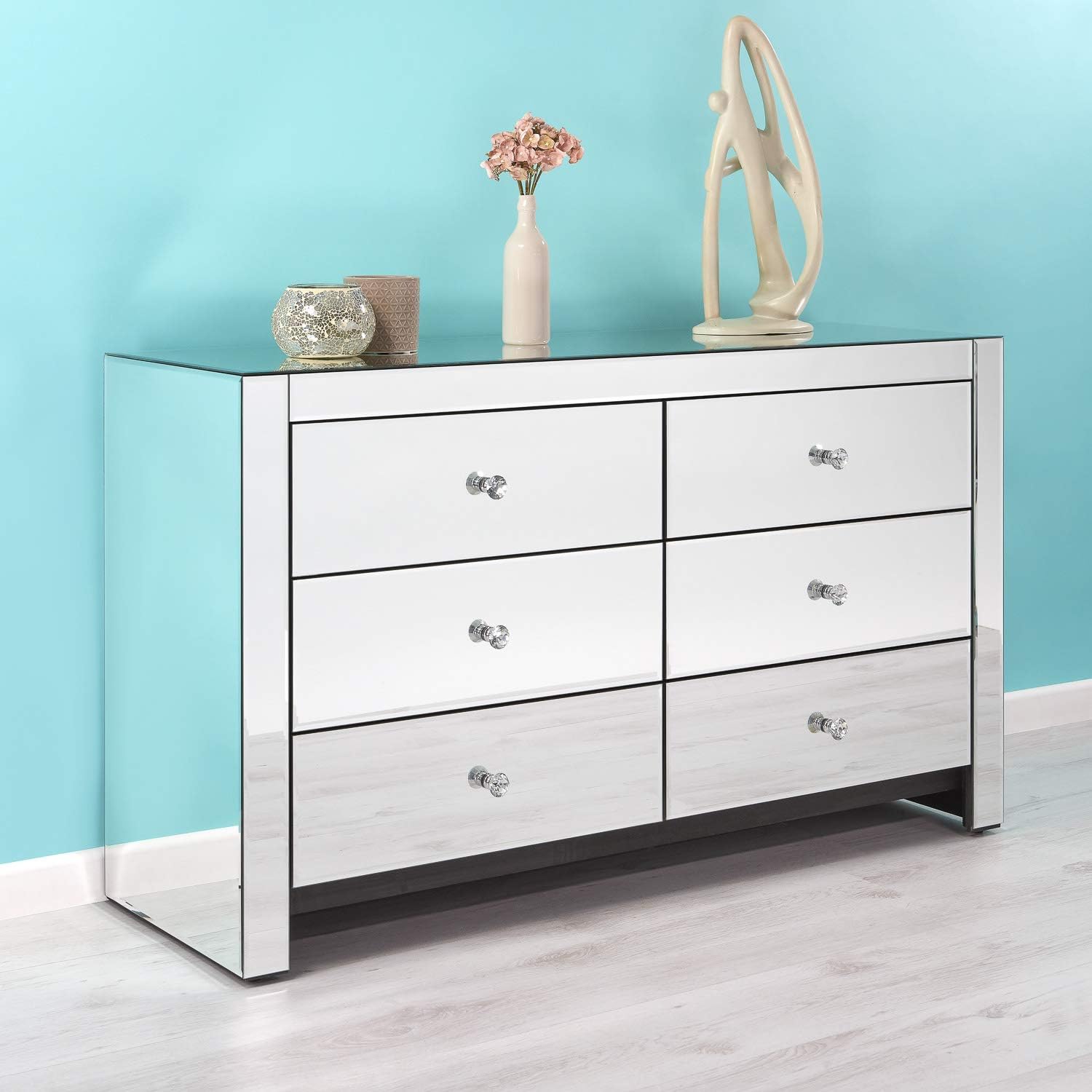 6 Drawer Mirrored Chest Drawers - Large Drawers With Beautiful Crystal Effect Handles - Delivered Free Into Any Room In The Home
