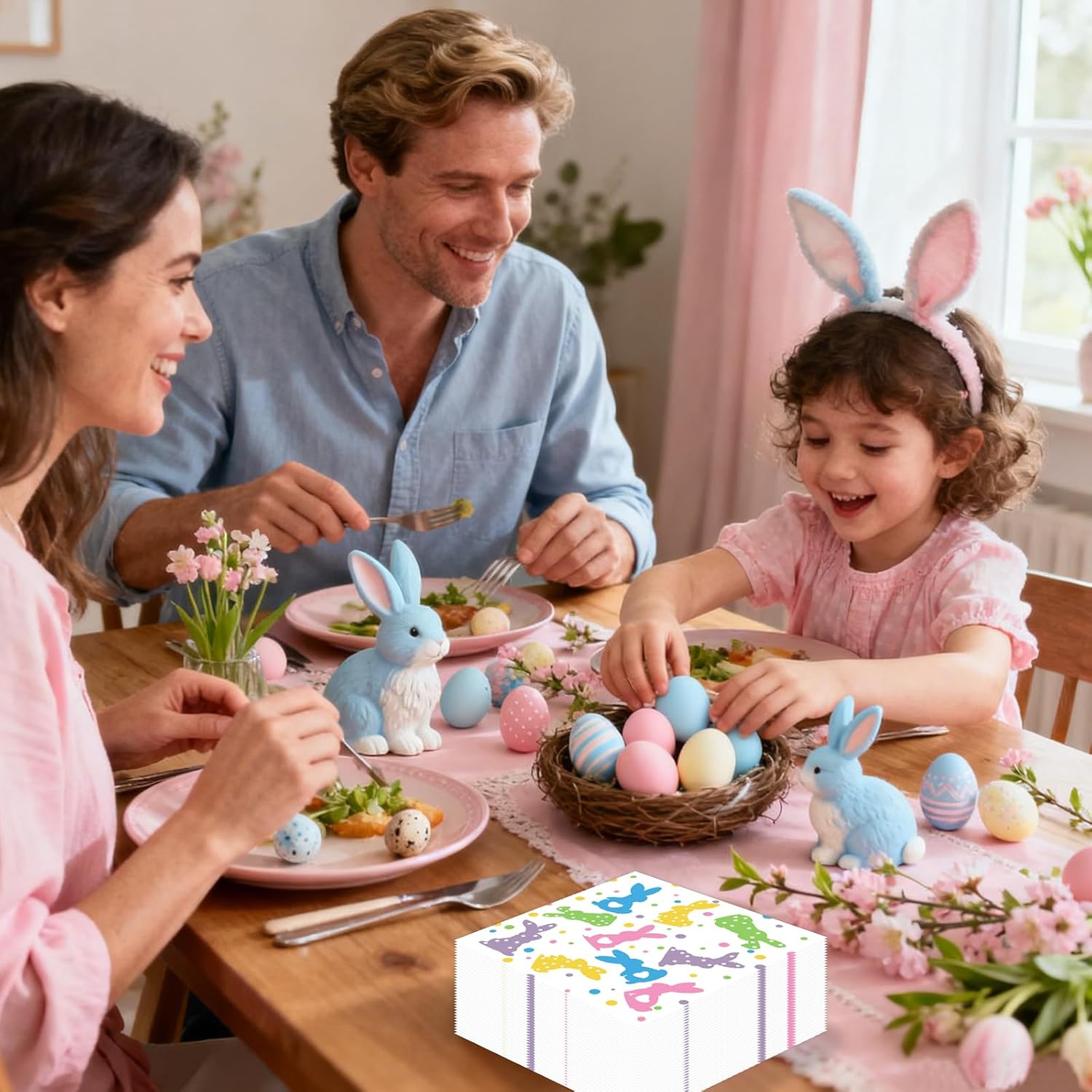 50PCS Easter Paper Napkins Party Decortions, Disposable Bunny Napkins Happy Easter Colorful Dot Rabbit Luncheon Dinner Cocktail Napkin for Spring Wedding Birthday Party Table Supplies Decor