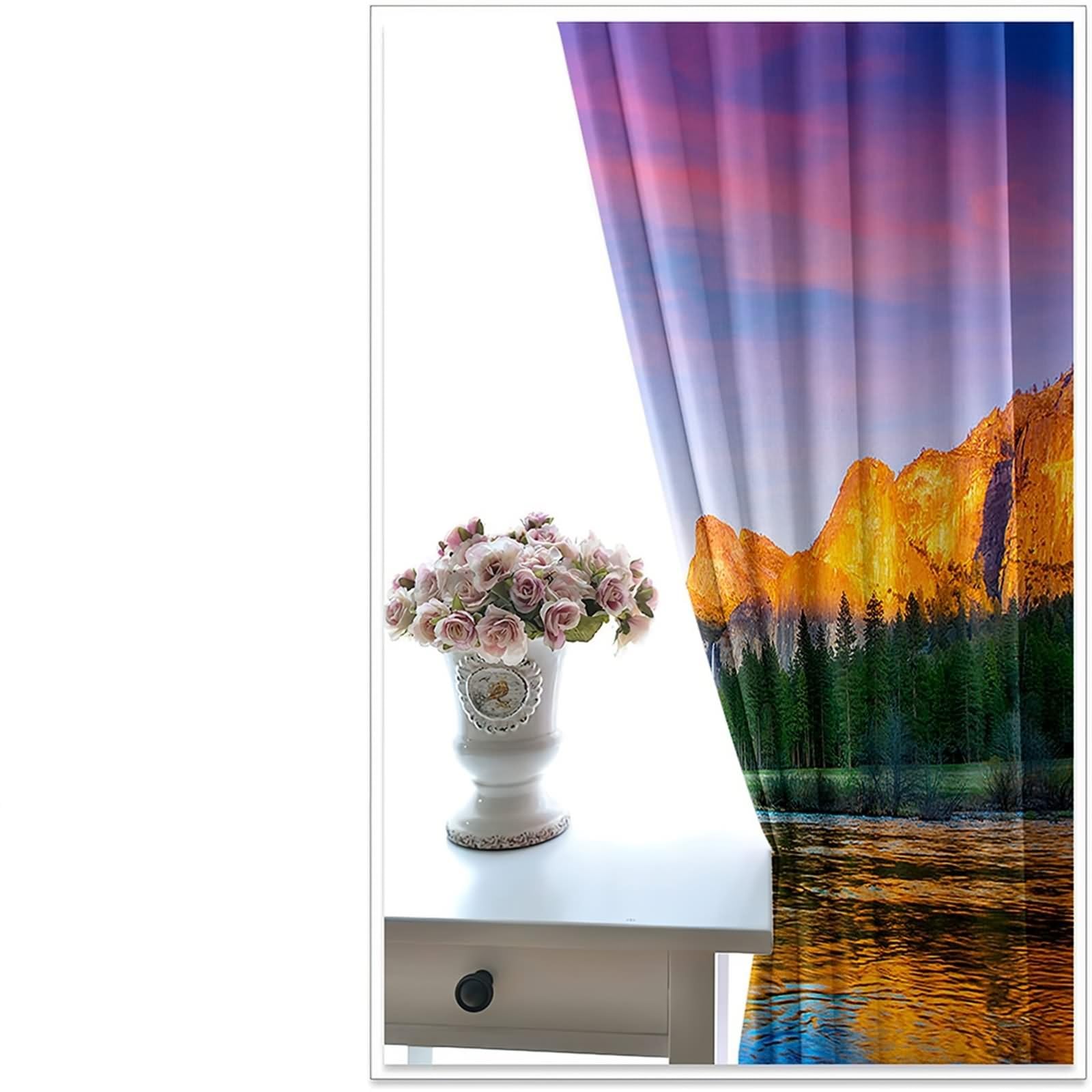 Scheibengardinen 2er Set Modern, Vorhänge Boho Bunt Sonnenuntergang Berge und See Polyester 304x244cm