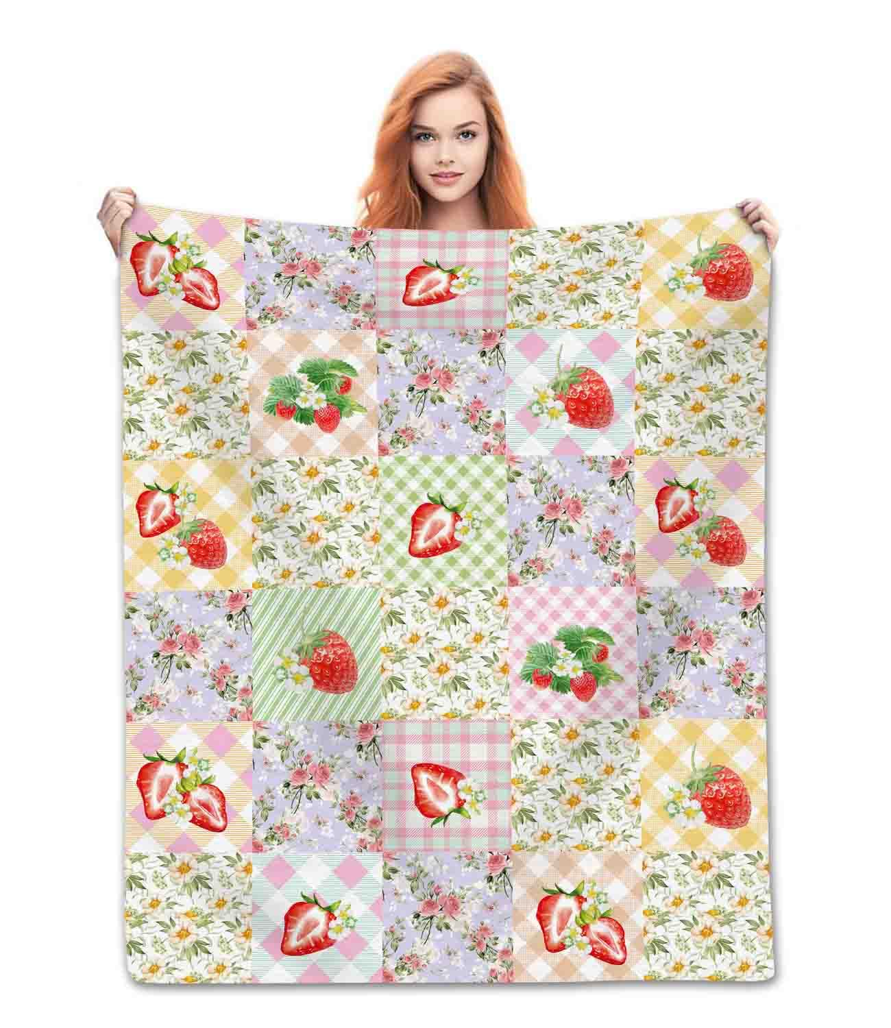 Tkuyo Strawberry 02 Strawberry Throw Blanket, Boho Patchwork Plaid Flannel Blanket 30"×40"