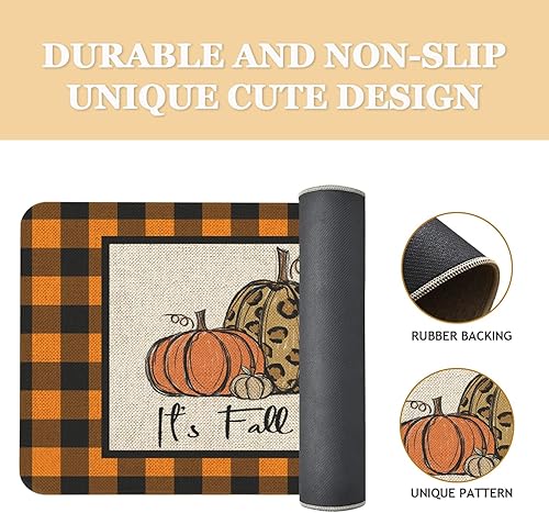 Miniatura 4 de Roszwtit Tapete de puerta de calabaza de otoño de 30 x 17 pulgadas, tapete de entrada para interiores y exteriores, tapete antideslizante de goma