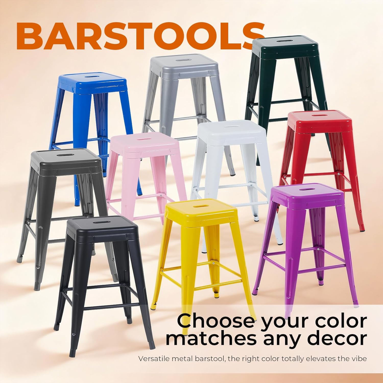 Midnight Black 24inch Metal Bar Stools Set of 4,One-Piece Cold-Rolled Steel Counter Height Stools for Kitchen Island,Industrial Stackable Backless Barstools,Black Indoor Outdoor Kitchen Bar Chairs