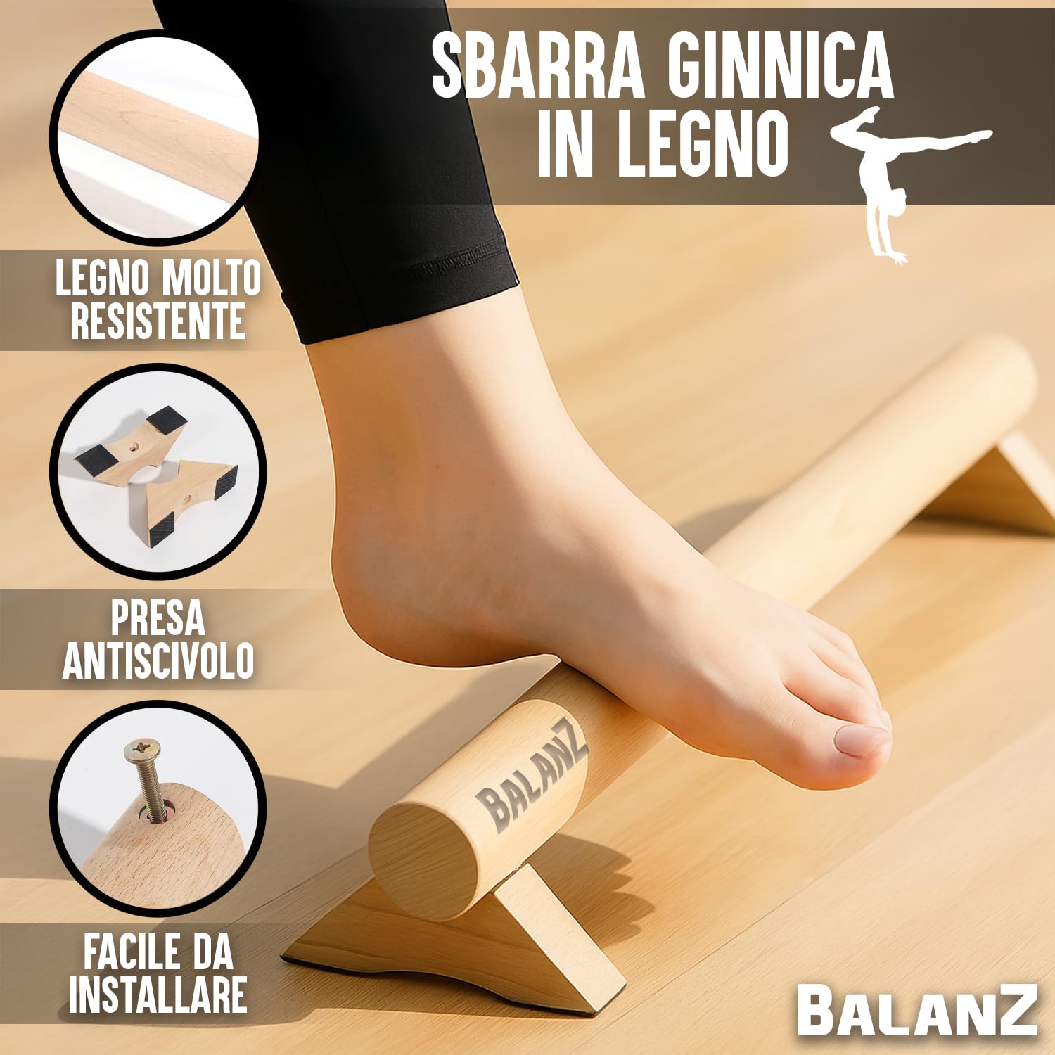 Balanz Trave da Ginnastica in Legno Faggio 100×10×8 cm | Bambini & Adulti | Barra per Equilibrio, Motricità & Riabilitazione | Allenamento a Casa, Ginnastica Dolce, Fisioterapia | Aerobik