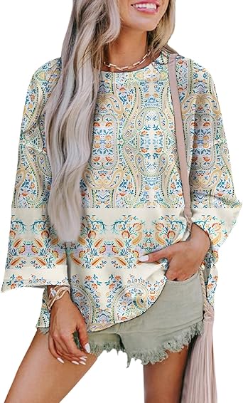 Women Ethnic Floral Graphic Shirt Fashion Long Sleeve Crewneck Tops Spring Casual Dressy Pullover Shirts Loose