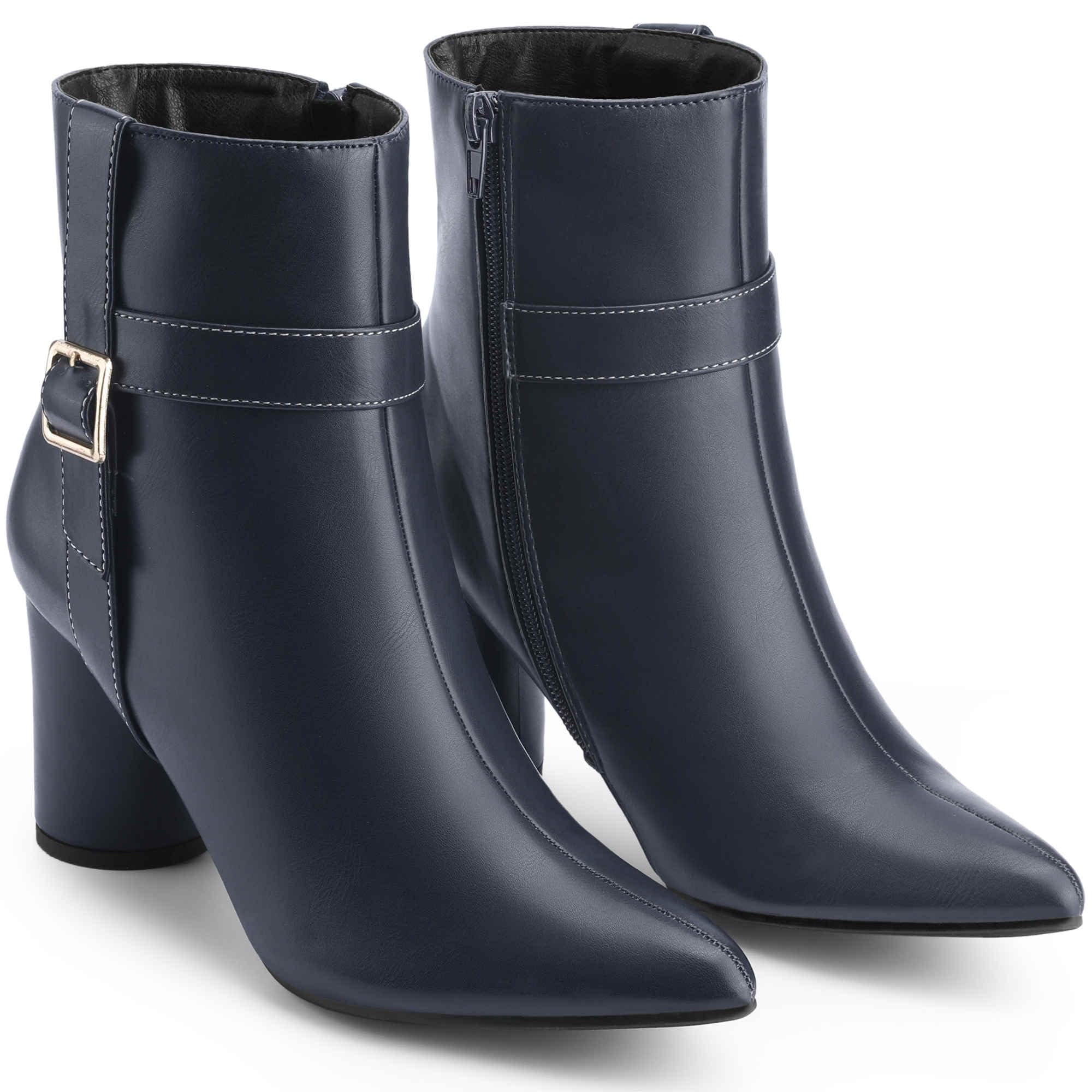 Perphy Womens Ankle Boots Pointed Toe Chunky Block Heel Side Zipper Dressy Booties