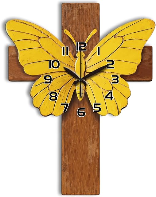 Cross Horloge murale en forme irrégulière Horloge murale décorative Papillon Horloge non-cliquet pour la décoration de bureau à la maison, 16.14×12.63 inch