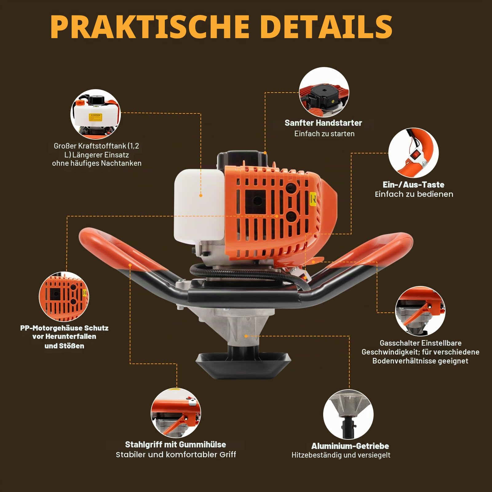 2-Takt Erdlochbohrer 52cc Benzin Motor Post Hole Digger für Saubere Bohrungen, Erdbohrer Erdbohrgerät Pfahlbohrer Motorerdbohrer Post Hole Digger Motor