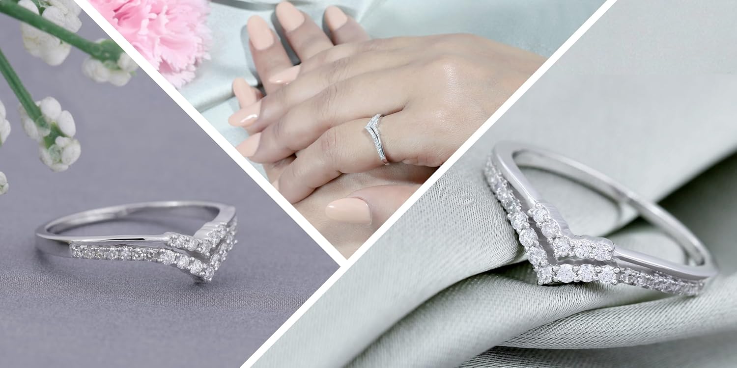 Dazzlingrock Collection 0.25 Ctw Round Natural Diamond Double Chevron V shape Contour Wedding Ring for Her 1/4 CT, 925 Sterling Silver - Image 3