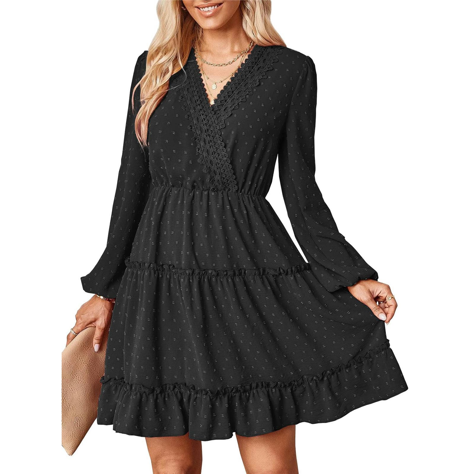 Robe superposée en dentelle à manches longues et col en V AMN22092902 XL