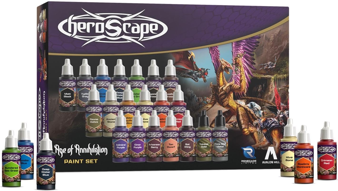 Renegade Game Studios Heroscape Age of Annihilation Paint Set, 20 Colors, 18ml Bottles with Brush