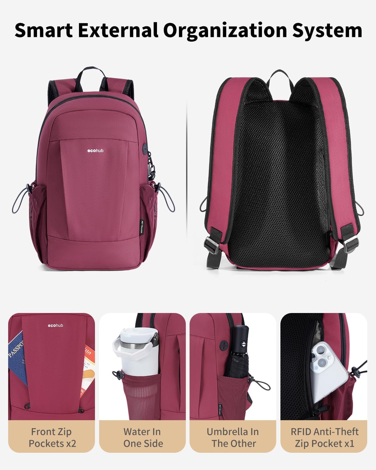ECOHUB Mini Anti-Theft RFID Backpack for Women and Men, Water-Resistant, Lightweight Travel Daypack with iPad Sleeve, Key Holder, 9 Pockets, Gifting, Red