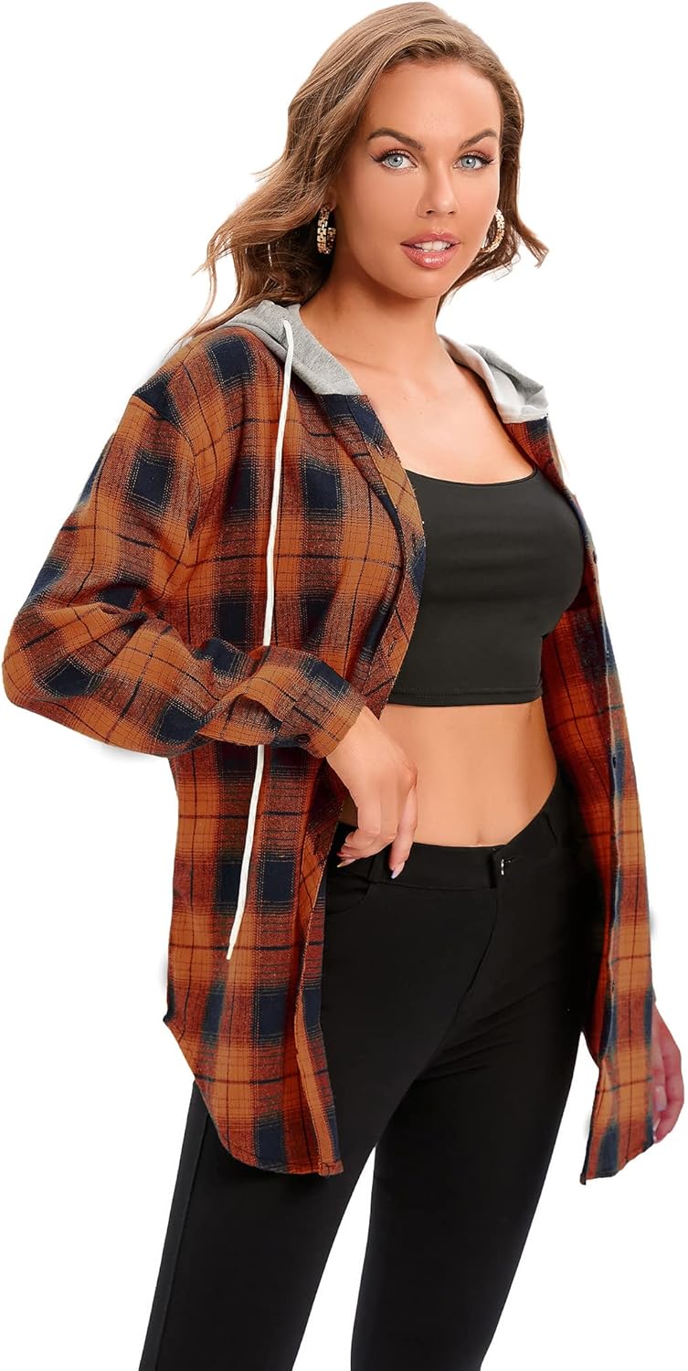 Women's Plaid Flannel Shirts Hoodie Long Sleeve Oversized Shirt Jacket Button Down Blouse Tops - Image 2