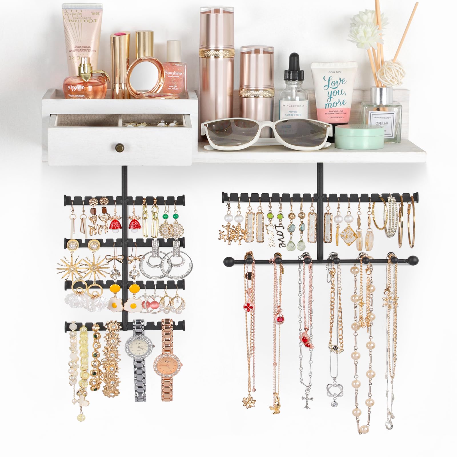 VINAEMO Jewelry Organizer Hanging Wall Mounted Jewelry Holder with Rustic Wood Drawer & Large Capacity Storage Shelf Rack Display for Earrings Rings Necklaces Bracelet(White)