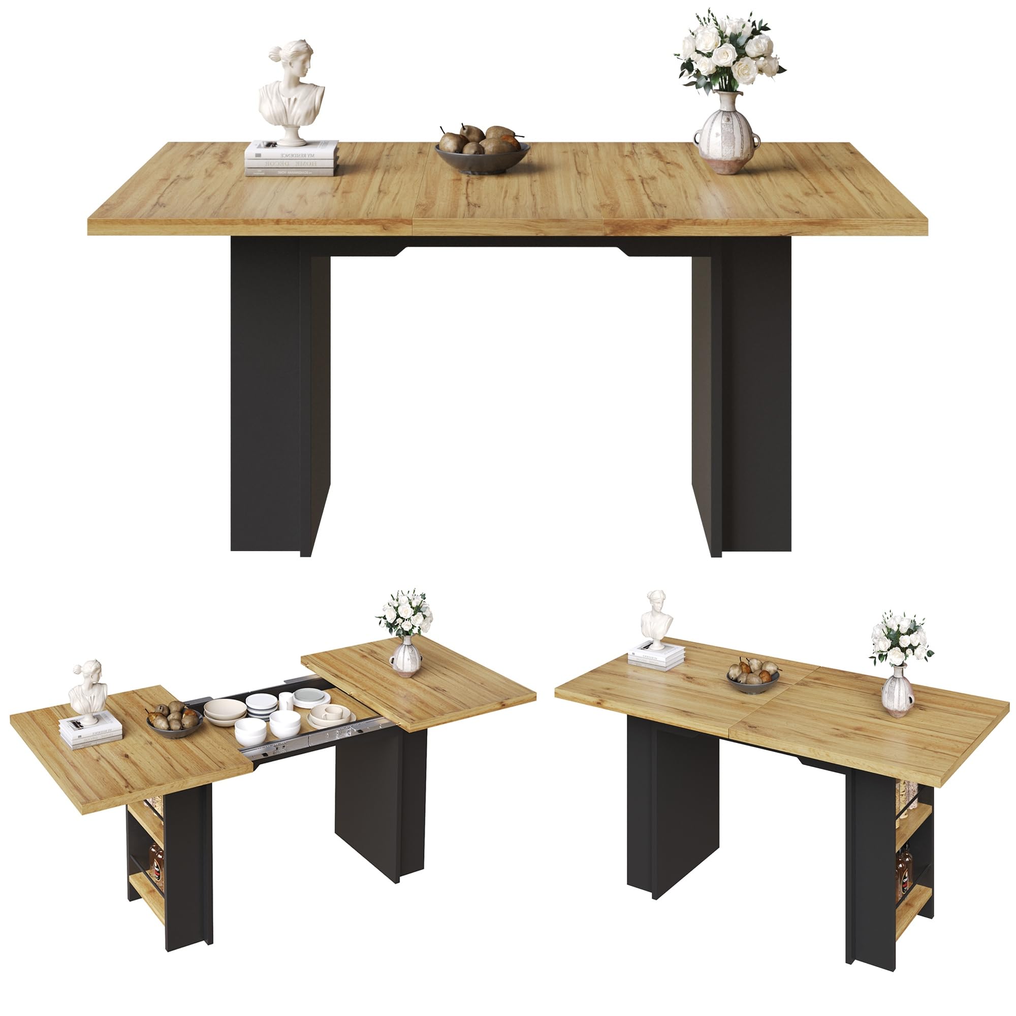 Esstisch Teleskoptisch (120-160×80cm), Tisch mit Regalen, Küchentisch, Ausziehtisch, mit Hilfe innenliegender Einlegeplatten，Ausziehbar, für Küche und Wohnzimmer, Holzfarbener