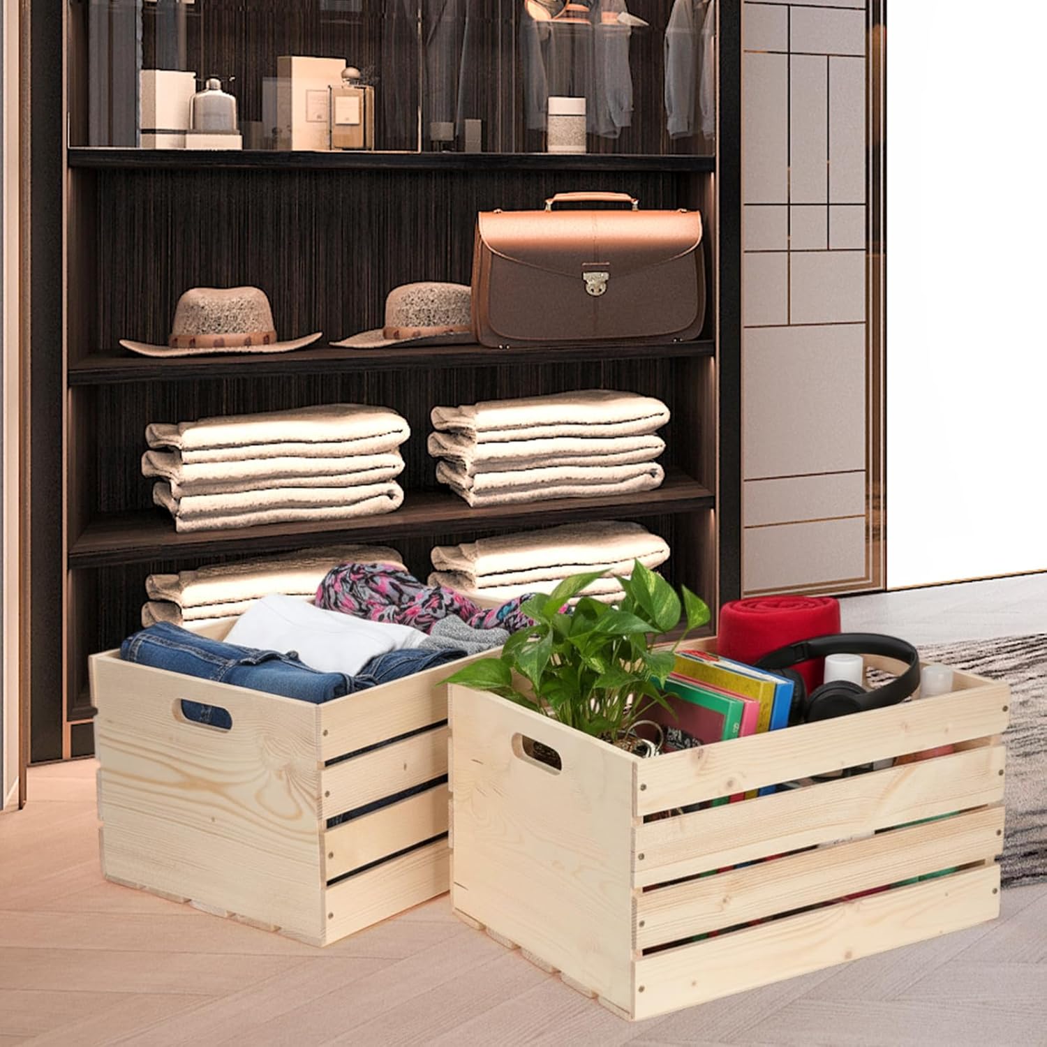 10 Pcs Large Pine Wooden Crates for Storage Unassembled 16.5 x 12.6 x 9.5'' Natural Wood Decorative Boxes Containers with Handle for Display Rustic Decor DIY Office Home Retail Art Craft