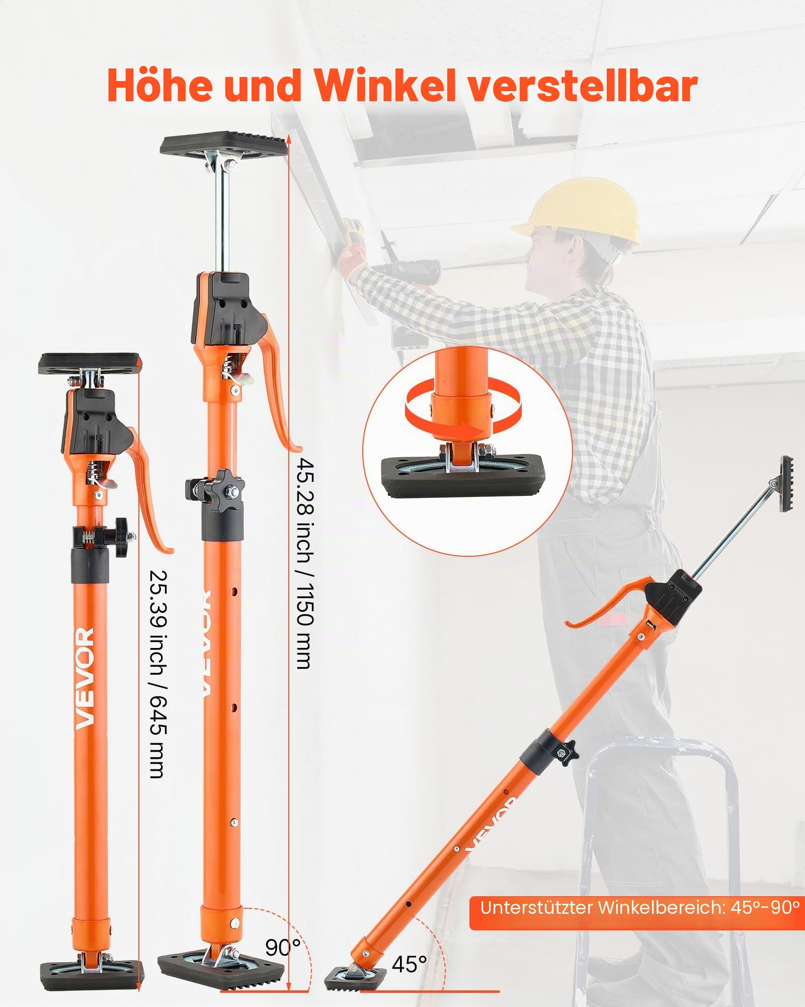 VEVOR Einhandstütze, 2x, Deckenstütze 64,5–115cm, Teleskopstütze aus Stahl, Montagestütze bis zu 100kg Kapazität zum Installieren von Schränken, Anheben von Trockenbauwänden, Frachtstangen