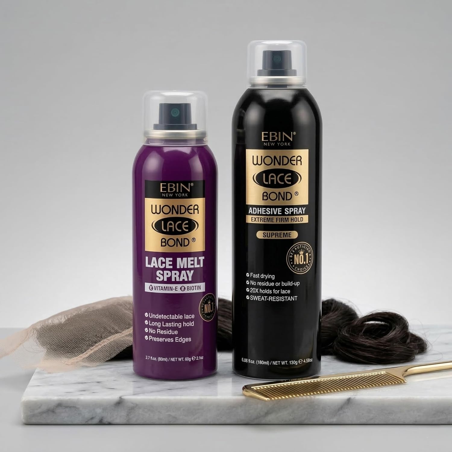 Wonder Lace Bond Lace Melt Aerosol Spray Vitamin E 80ml – Wonder Lace Bond Wig Adhesive Spray Supreme 14fl oz – Lace Melt Spray and Wig Adhesive for Lace Front Wigs – 4 Piece Salon Styling Set