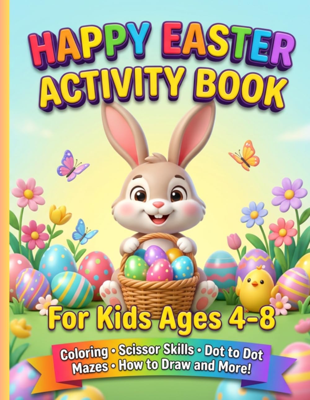Happy Easter Activity Book: For Kids Ages 4-8: Coloring, Scissor Skills, Dot to Dot, Mazes, How to Draw and More! Easter Basket Stuffer.