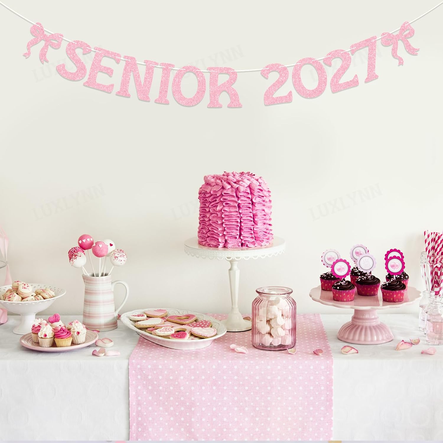 First Day of Senior Year Decorations - Senior 2027 Banner Pink Bow Glitter