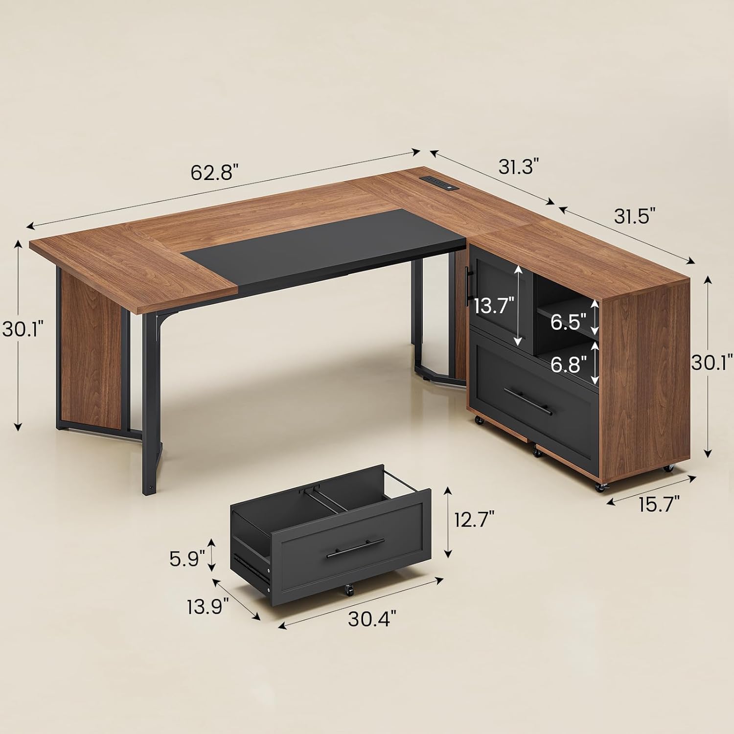 UPOSOJA 63" Executive Desk with Mobile File Cabinet, Large Office Desk with Drawer, Modern L Shaped Desk with Power Outlets, Storage Shelves, Corner Computer Desk Business Workstation Set (Walnut)
