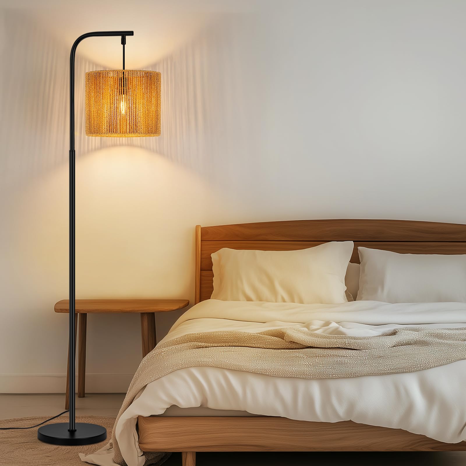 Stehlampe Rattan Boho Stehleuchte Stehlampe Wohnzimmer E27 | Standleuchte Vintage 1 Flammig 164cm Standlampe Schwarz Fußschalter Für Schlafzimmer Terrasse Büro