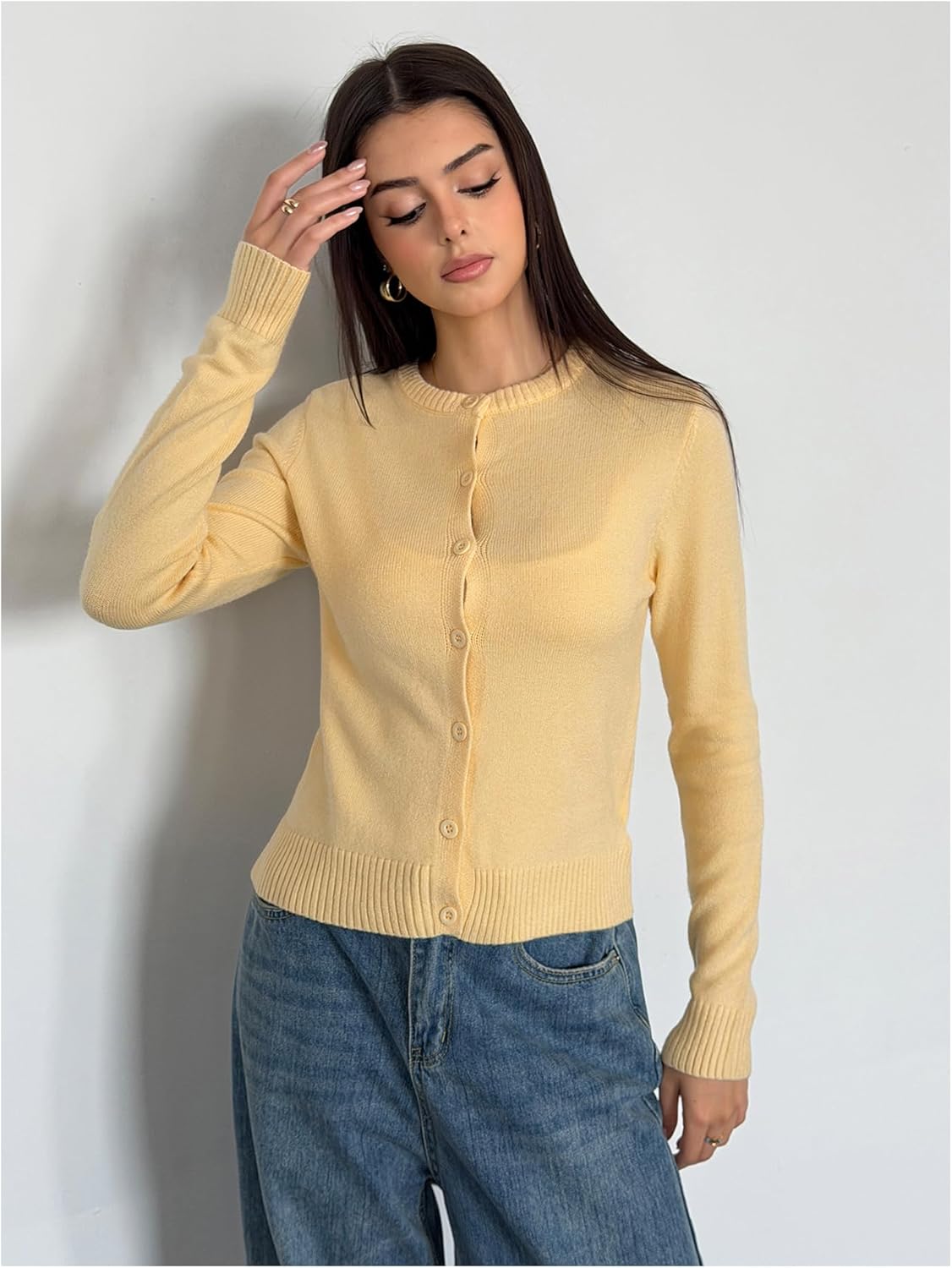 SHENHE Women's Crew Neck Button Down Ribbed Knit Soft Cropped Cardigan Sweater - Image 6