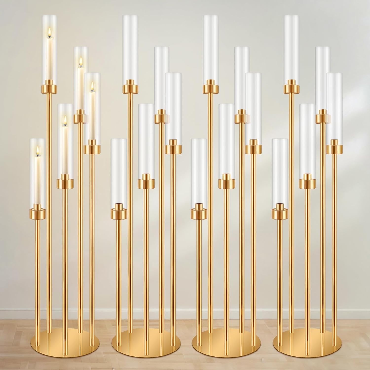 2/4PCS Candle Holder - Candelabra, 5 Arm 42" Tall Metal Candle Holder Metal Candlestick Holders, Gold Floor Candelabra Wedding Centerpieces, with Acrylic Removable Lampshade(4PCS)