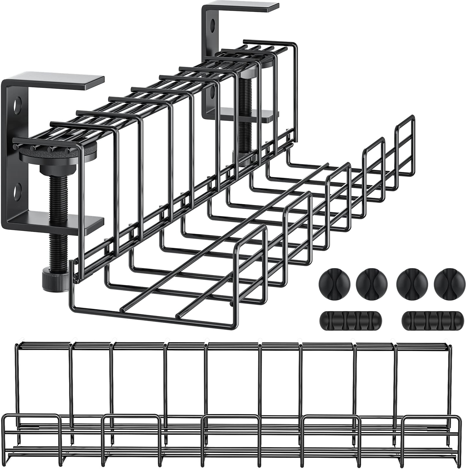 Yecaye 2 Packs Under Desk Cable Management Tray - No Drill, No Damage to Desk - 15.7" L x 4" W x 4" H - Black Metal Cable Tray Basket for Office Home