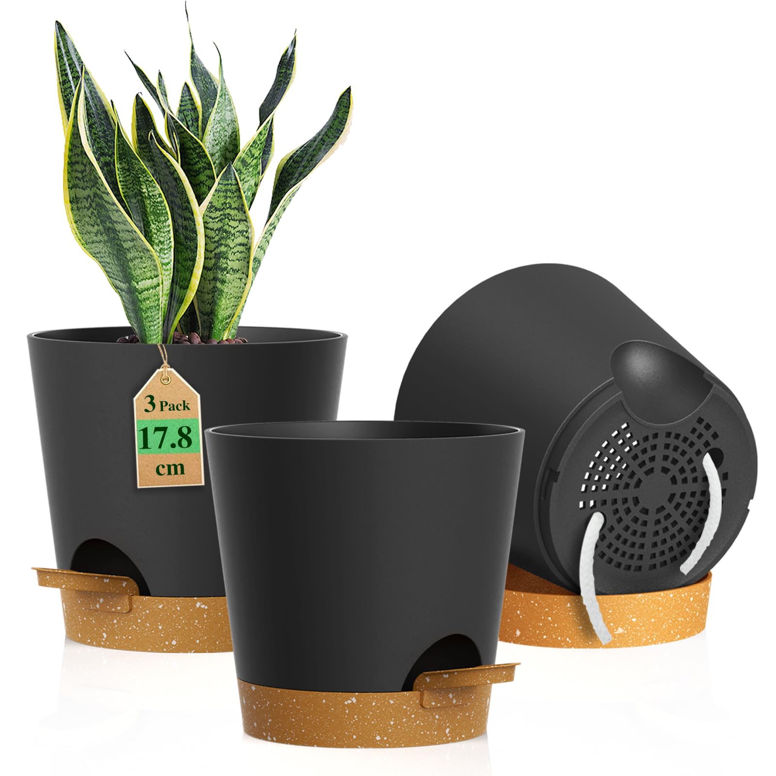 WSMKSZ 17.8 cm Self Watering Plant Pots Indoor Outdoor, 3 Pack 7 inch Thick Plastic Flower Pots with Drainage Holes&Removable Reservoir, Medium Planters with Cotton Wick for House Plants, Black Brown