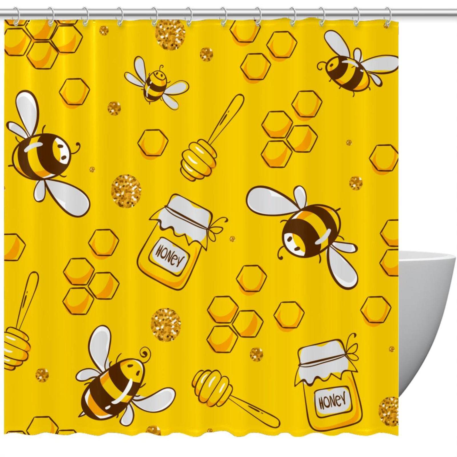 Rideau de douche en tissu abeille jaune miel pour une ambiance nature matinale