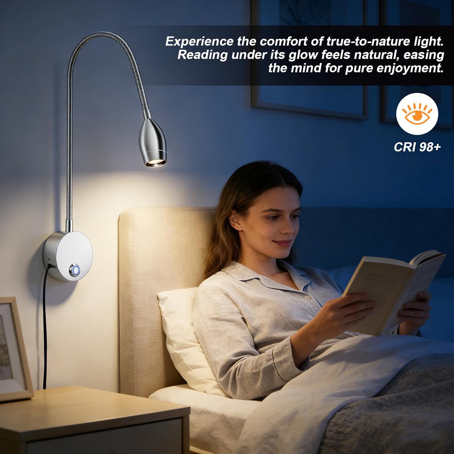 Wall Mounted LED Reading Light with 360° Flexible Gooseneck, Dimmable Bedside Reading Lights for Books In Bed, Plug In Headboard Night Lights, Eye-Caring, 3 Colors Temperature, Touch Control-2 Pack