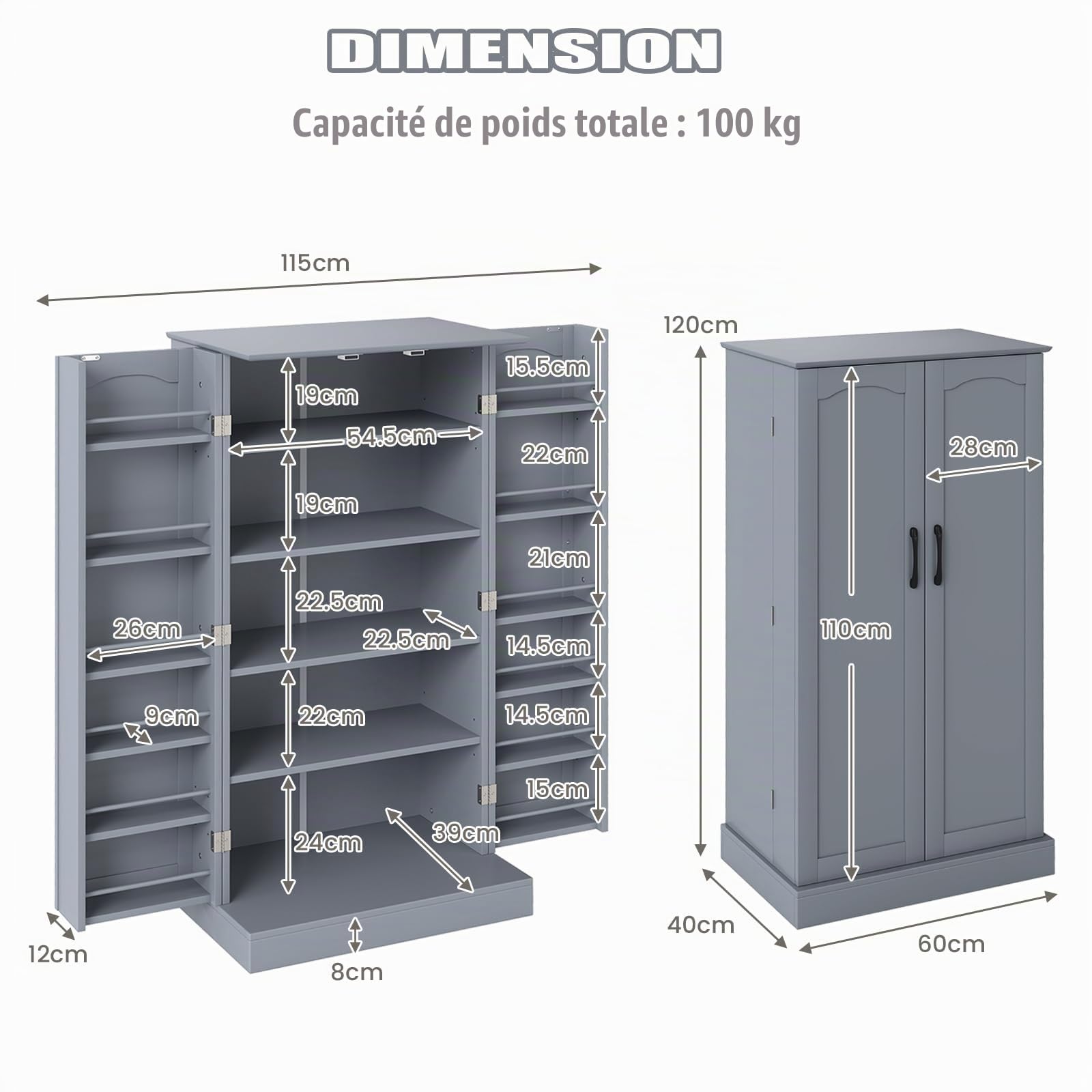 KOMFOTTEU Armoire Friandises, Multi-Étagères réglables, 60x40x120cm, Gris