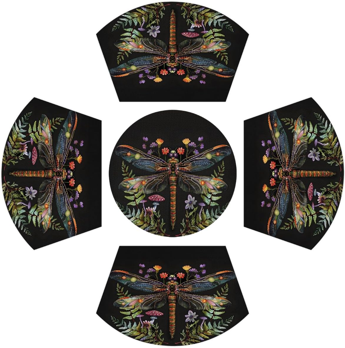 Dragonfly Flower Animal Wedge Placemats Set of 4+1pcs PVC Washable Wedge Place mats Round Table mat Wipeable Plastic Dining Table mats for Kitchen Indoor Outdoor Patio Table Decor