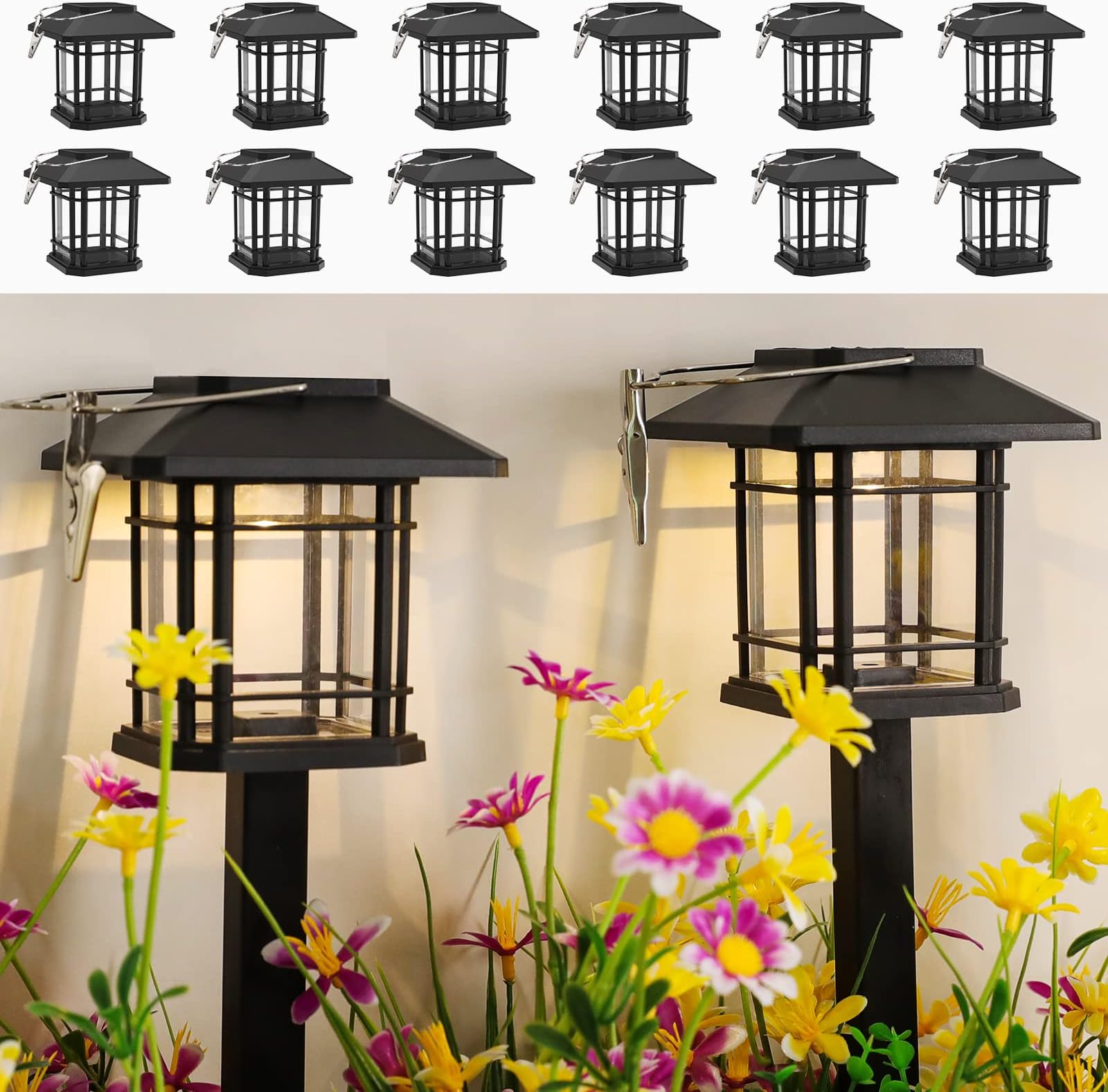 PARTPHONER 12 Pack Solar Pathway Lights Outdoor, Solar Hanging Lantern with Stake for Garden Patio Lawn Deck Umbrella Tent Tree Yard Driveway Warm White 3000K