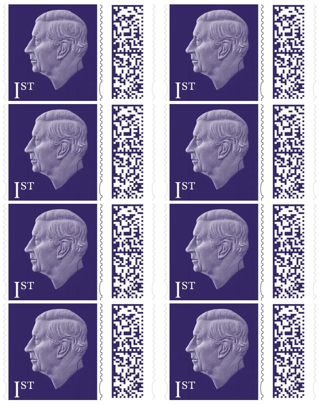 King Charles 1st Class Stamp (8 Pack) Book | QR Barcoded Self Adhesive | Postage Stamps for Standard Mail | Authorised Seller
